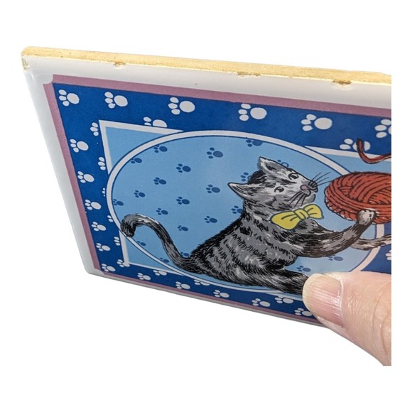 VTG Set of 3 Vintage Lanka Wall Tile Coaster Trivet Tabby Cat Made in Sri Lanka - Picture 8 of 9